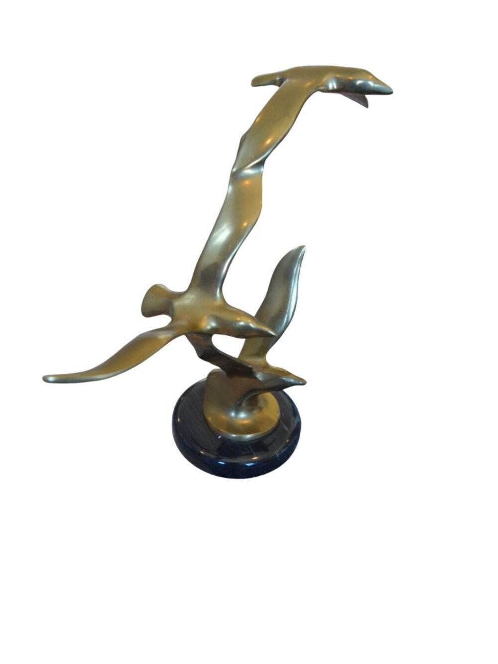 Vintage Mid Century Brass Birds in Flight Sculpture on Marble Base 10" Tall